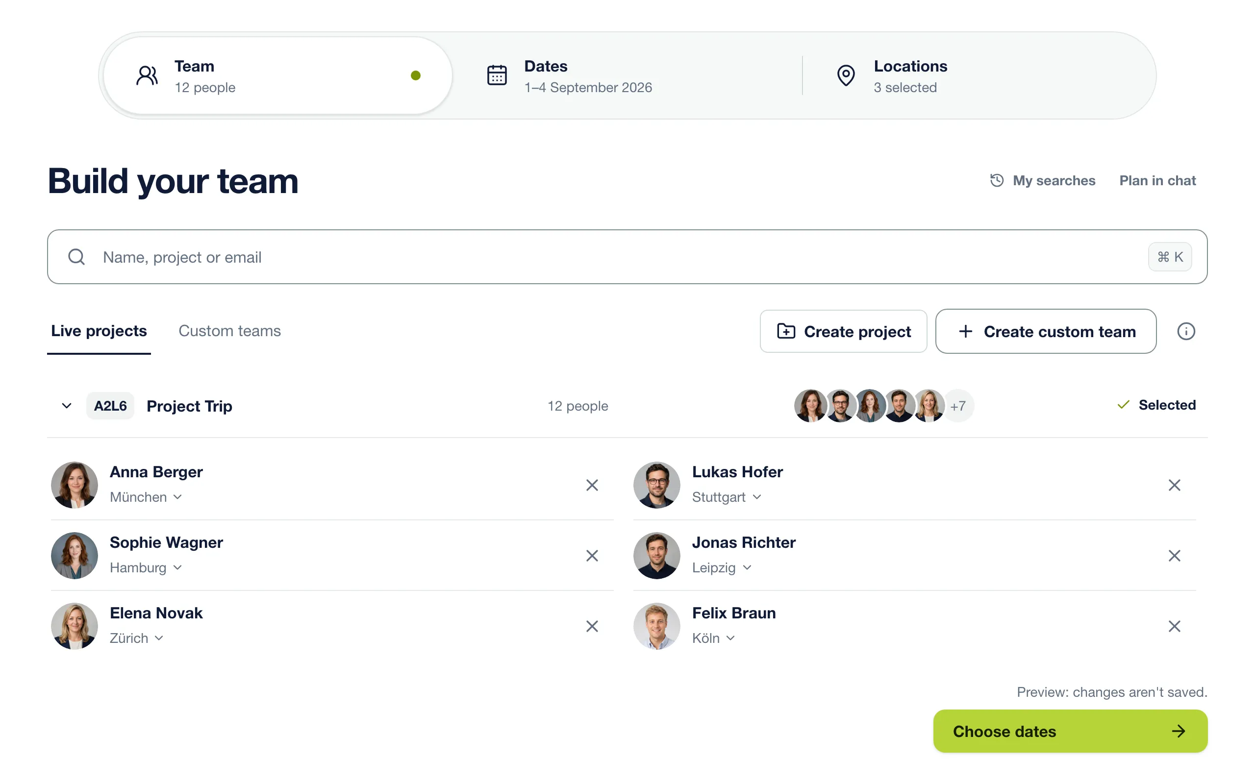 Coloqa “Build your team” view with a project team of twelve people and their home offices