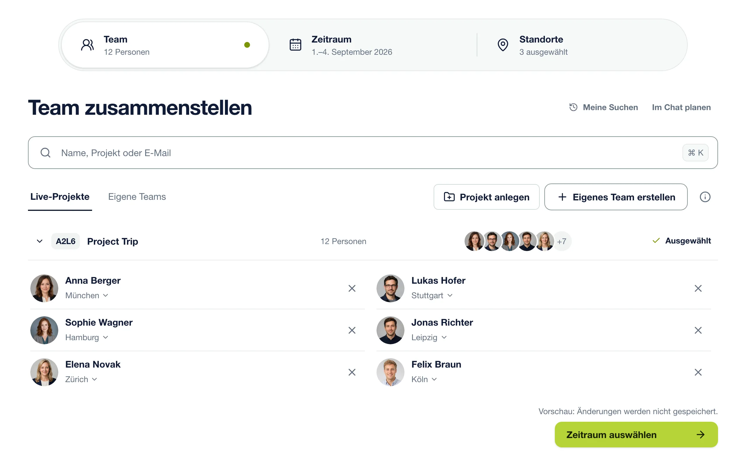Coloqa-Ansicht „Team zusammenstellen“ mit einem Projektteam aus zwölf Personen und ihren Heimatbüros
